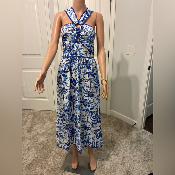Floral Print Halter Midi Dress in Blue and White by J Marie.